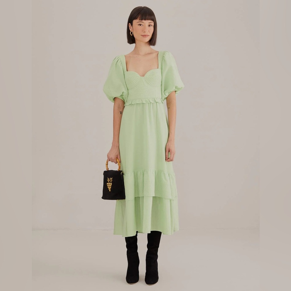 Farm Rio Soft Green Short Sleeve Midi Dress Garden Party Cottage Core - Picture 2 of 13